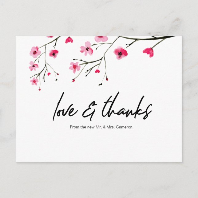 Cherry Blossom love and thanks Wedding Thank You, Postcard (Front)
