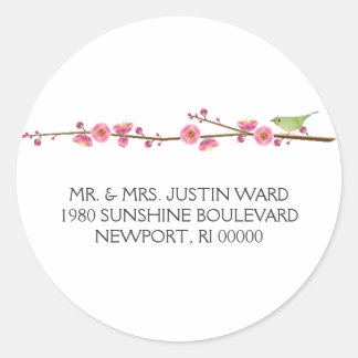 cherry blossom love bird; address classic round sticker