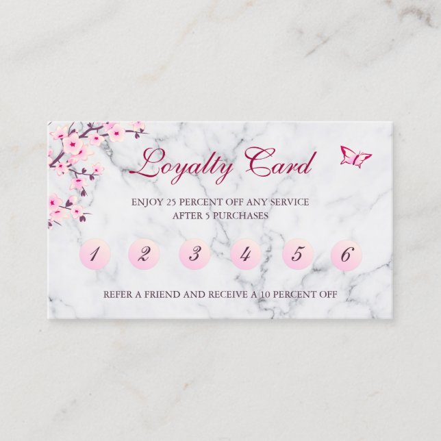 Cherry Blossom Loyalty Card Pink Grey Marble (Front)