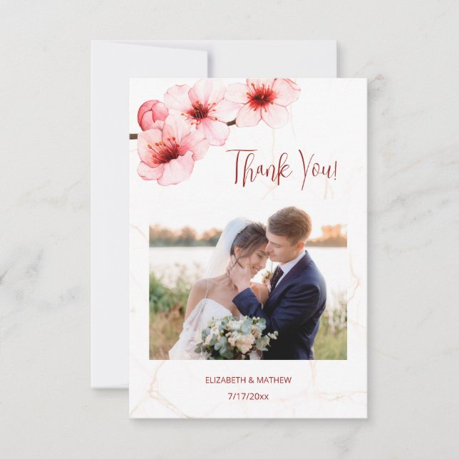 Cherry Blossom Marble Photo Wedding Thank You Card (Front)