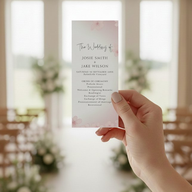 Cherry Blossom Minimalist spring wedding Ceremony Program (Pink flowery wedding program.)
