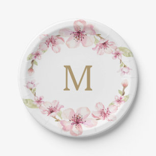 Cherry Blossom Monogram Paper Plates