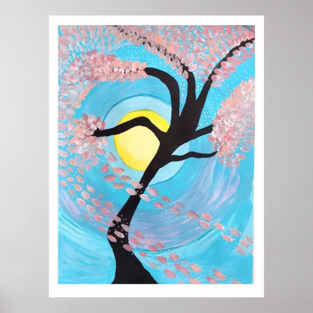 Cherry Blossom Moon Hand Painted Acrylic Poster Ar (Front)