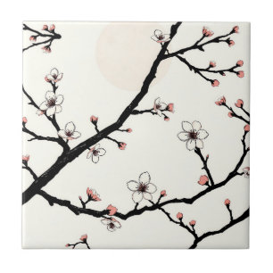 Cherry Blossom Moon Minimal Pattern Ceramic Tile