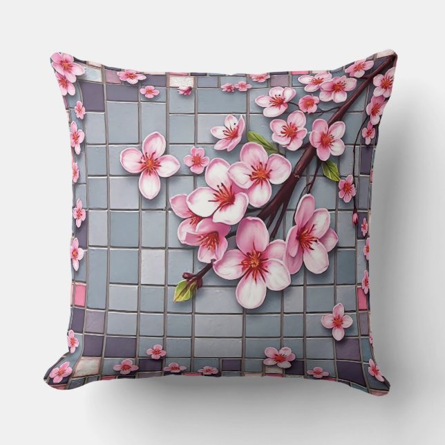 Cherry Blossom Mosaic Throw Pillow (Front)
