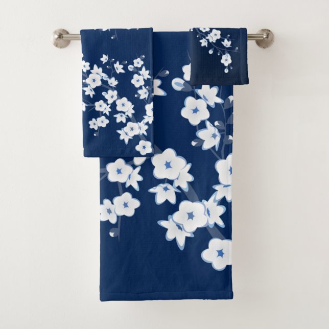 Cherry Blossom Navy Blue Bath Towel Set (Insitu)