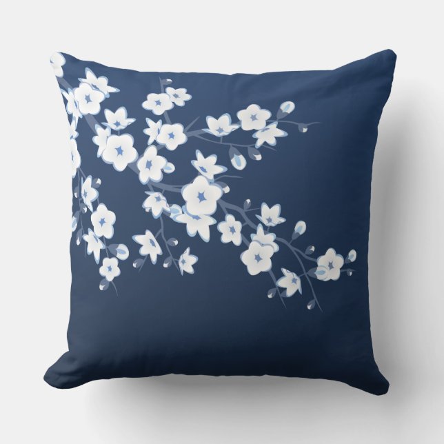 Cherry Blossom Navy Blue White Floral Cushion (Front)