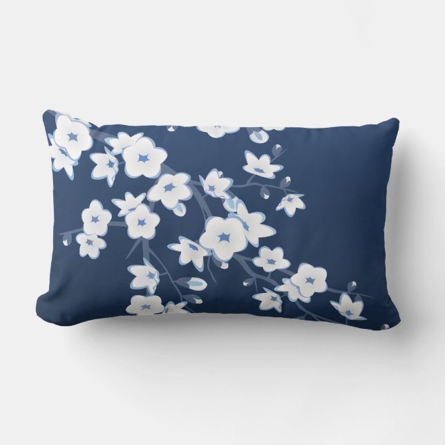 Cherry Blossom Navy Blue White Floral Lumbar Cushion (Front)