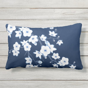 Cherry Blossom Navy Blue White Floral Lumbar Cushion