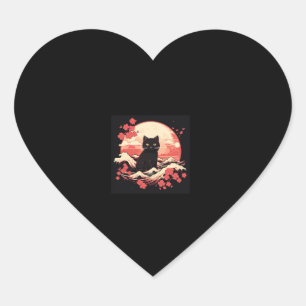 Cherry Blossom Night_ Black Cat and Full Moon  Heart Sticker