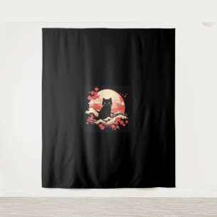 Cherry Blossom Night_ Black Cat and Full Moon Tapestry