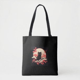 Cherry Blossom Night_ Black Cat and Full Moon Tote Bag