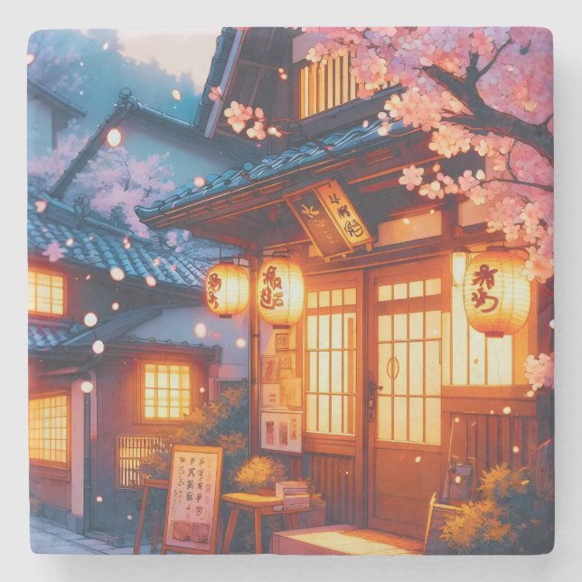 Cherry Blossom Night in Old Japan Stone Coaster (Front)