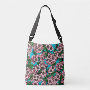 Cherry blossom on blue crossbody bag