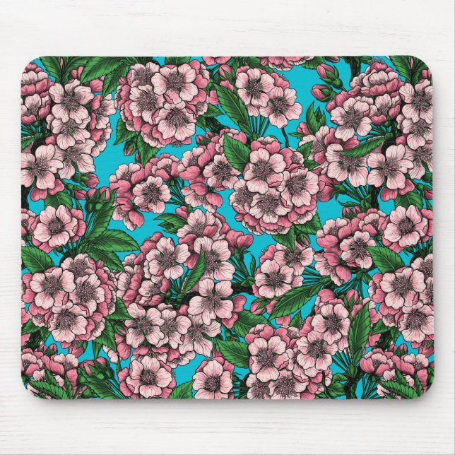 Cherry blossom on blue mouse pad (Front)