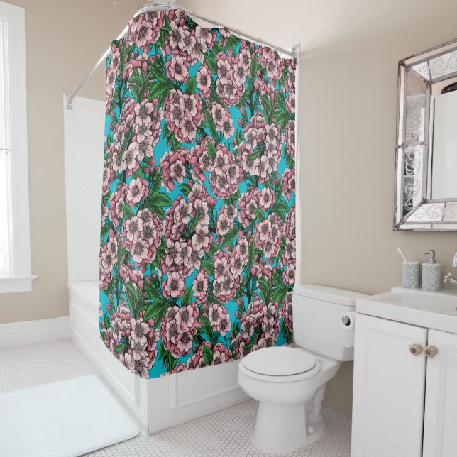Cherry blossom on blue shower curtain (In Situ)