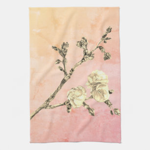 Cherry Blossom on Pink and Coral Tea Towel