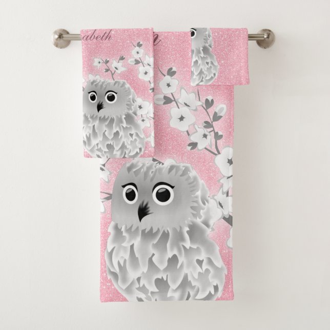 Cherry Blossom Owl White Pink Glitter Monogram Bath Towel Set (Insitu)