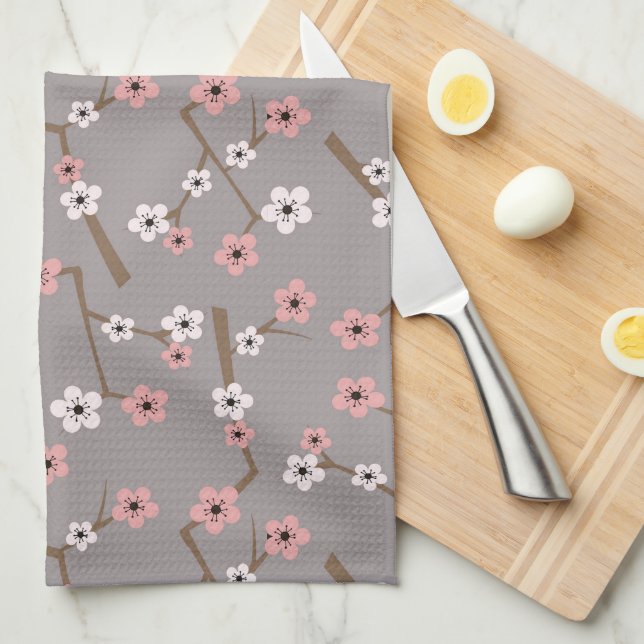Cherry Blossom Pattern Grey Tea Towel (Quarter Fold)