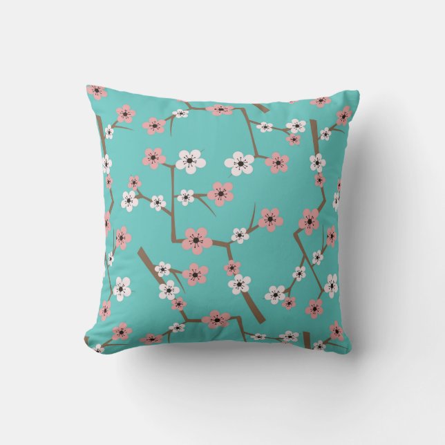 Cherry Blossom Pattern Turquoise Cushion (Front)