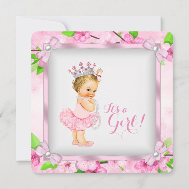 Cherry Blossom Pearl Girls Tutu Baby Shower Invitation (Front)
