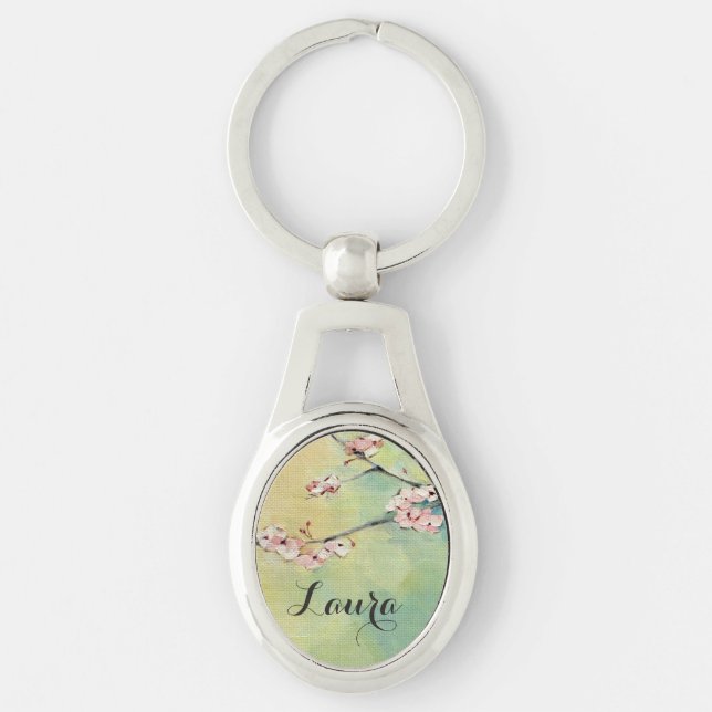 Cherry Blossom Personalised Silver Keychain (Front)