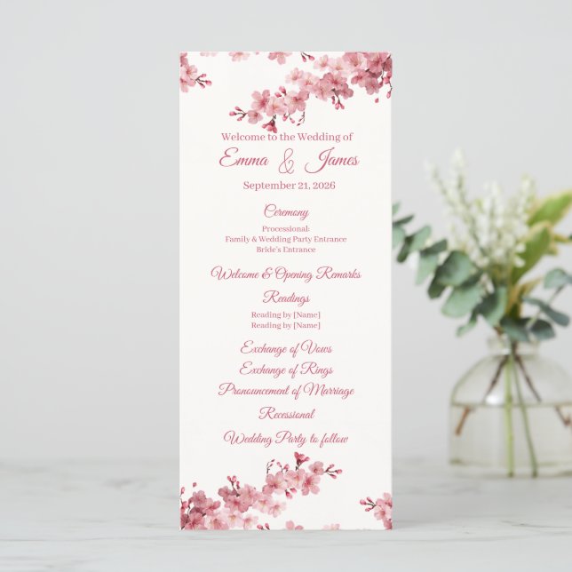 Cherry Blossom Personalised Wedding Program Templ. (Standing Front)