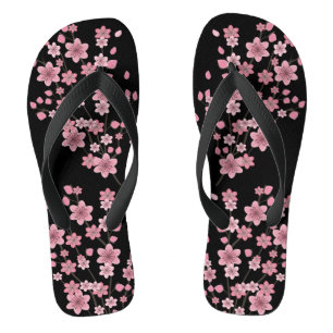 Cherry Blossom Petals Trees Pink Black Thongs