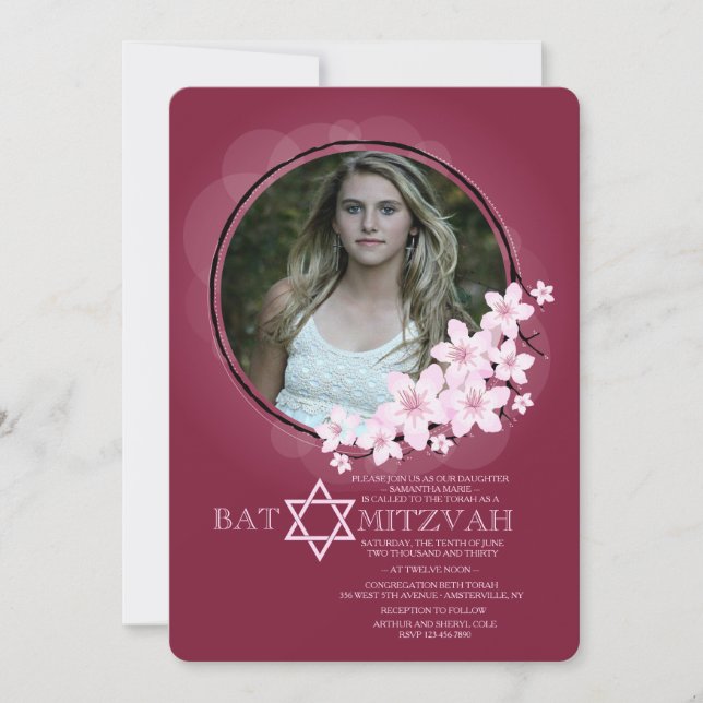 Cherry Blossom Photo Bat Mitzvah Invitation (Front)