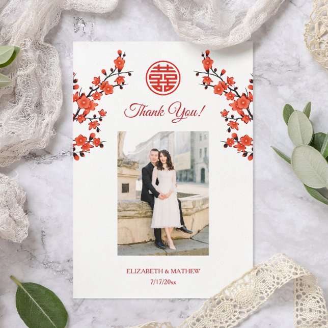 Cherry Blossom Photo Chinese Wedding Thank You Card (Creator Uploaded)