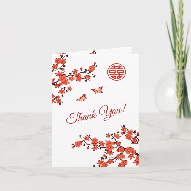 Cherry Blossom Photo Chinese Wedding Thank You Card (Front)
