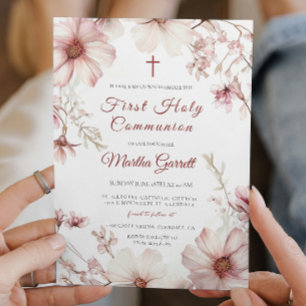 Cherry Blossom Pink And White First Holy Communion Invitation