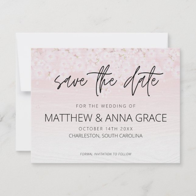 Cherry Blossom Pink and White Wooden Save The Date (Front)