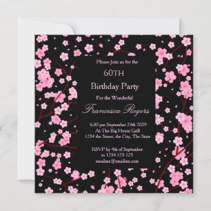 Cherry Blossom Pink Black 60th Birthday Party Invitation