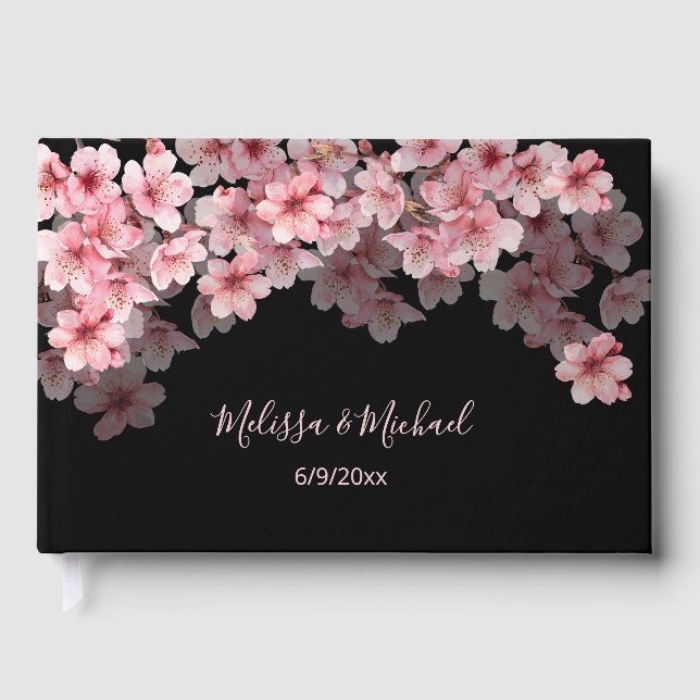 Cherry Blossom Pink Black Wedding Guest Book (Front)