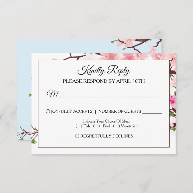 Cherry Blossom Pink Blue Wedding RSVP Card (Front/Back)