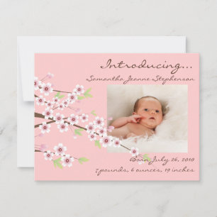 Cherry Blossom Pink & Brown Baby Girl Photo Birth Announcement
