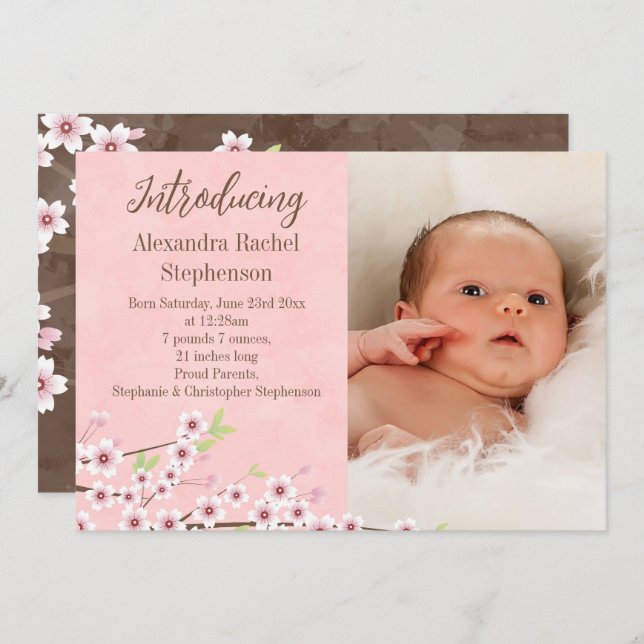 Cherry Blossom Pink & Brown Baby Girl Photo Birth Announcement (Front/Back)