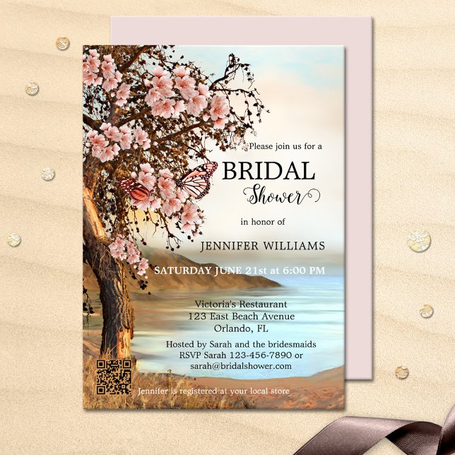 Cherry Blossom Pink Butterfly Bridal Shower Invitation (Original bridal shower invitation featuring pink butterflies on a blossoming cherry tree at a lake)