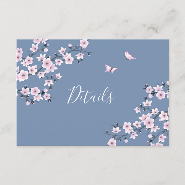 Cherry Blossom Pink Dusty Blue Wedding Details Enclosure Card (Front)