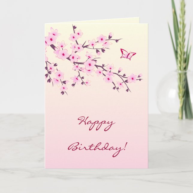 Cherry Blossom Pink Floral Happy Birthday Card (Front)