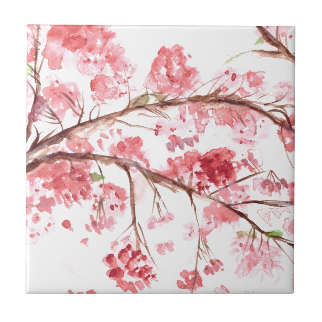 Cherry blossom pink floral Rustic watercolor Ceramic Tile (Front)