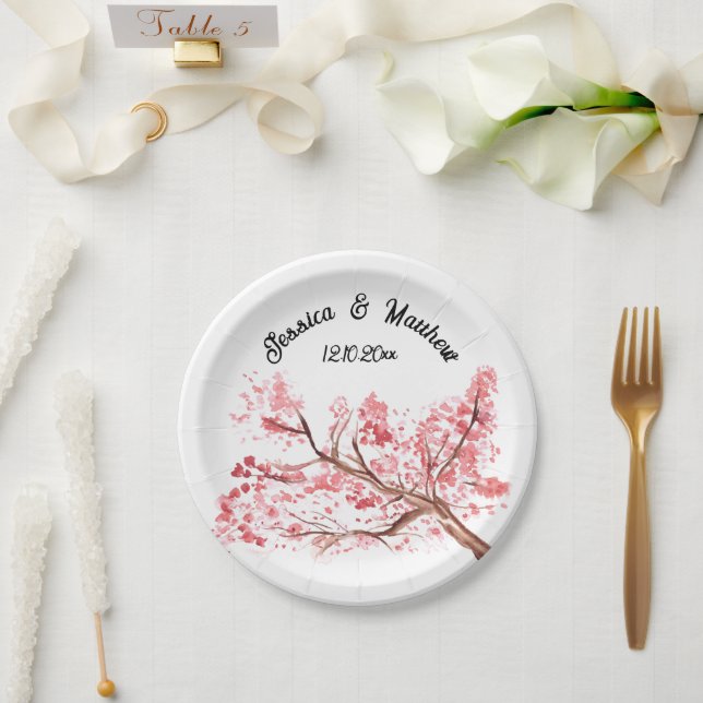 Cherry Blossom Pink floral Watercolor Weddings Paper Plate (Wedding)