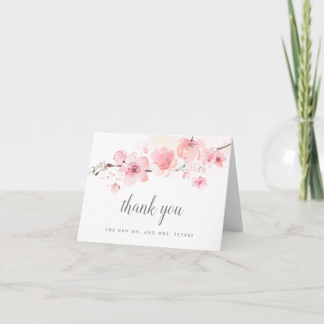 Cherry Blossom Pink Floral Wedding Photo Thank You Card (Front)