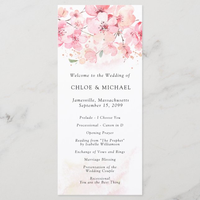 Cherry Blossom Pink Floral Wedding Program (Front)