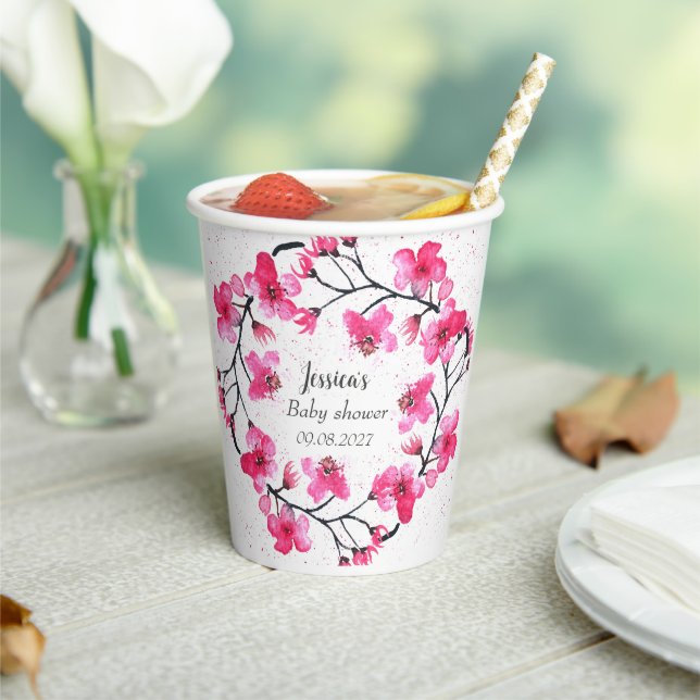 Cherry Blossom Pink Flowers Baby Shower Girl Paper Cups (Insitu)