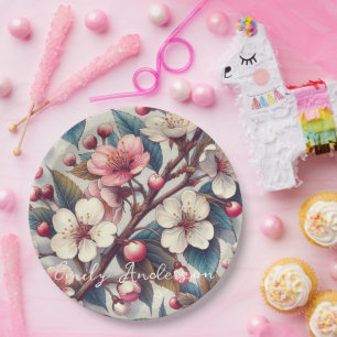 Cherry blossom pink flowers floral Japanese Sakura Paper Plate
