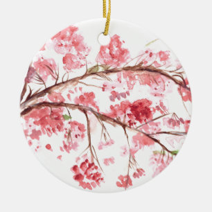 Cherry blossom pink flowers floral painting ceramic ornament