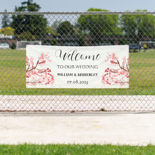 Cherry Blossom Pink Flowers Rustic Elegant Wedding Banner