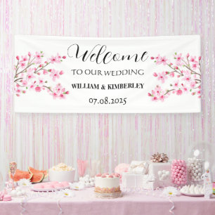 Cherry Blossom Pink Flowers Rustic Elegant Wedding Banner